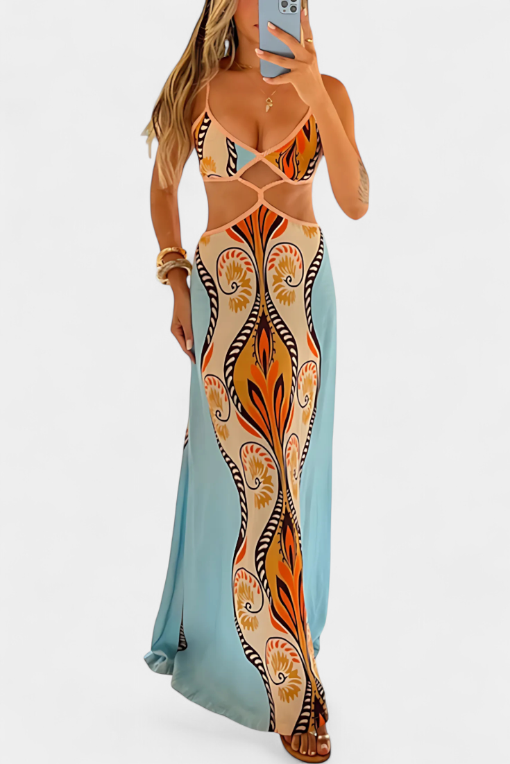 Sytella - Cut-Out Jurk met Abstracte Print en Ontblote Rug