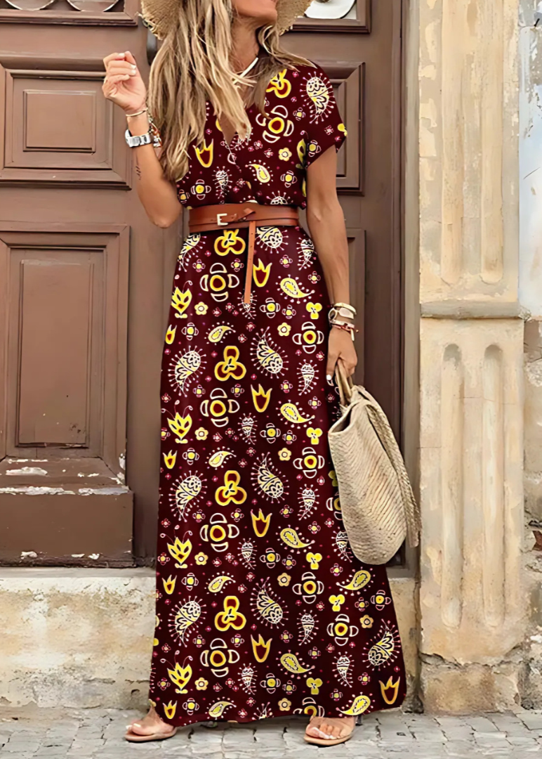 Caitlin - Lange boho-jurk met geplooide taille