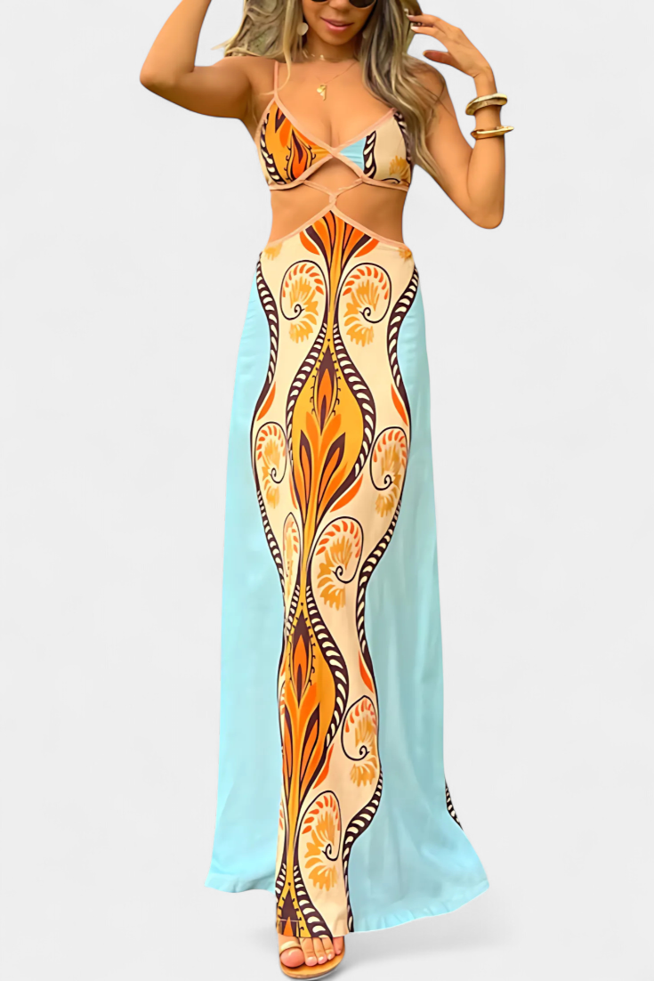 Sytella - Cut-Out Jurk met Abstracte Print en Ontblote Rug
