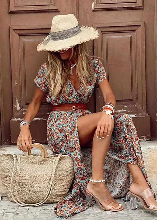 Caitlin - Lange boho-jurk met geplooide taille