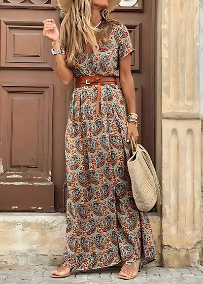 Caitlin - Lange boho-jurk met geplooide taille