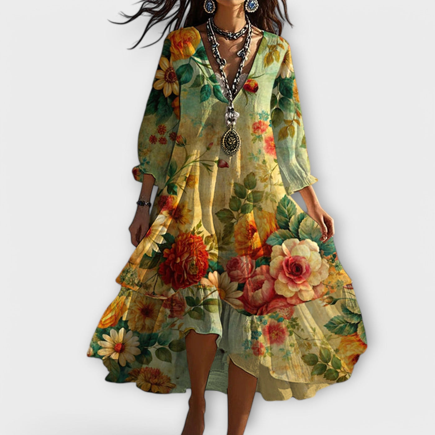 Marina – Vintage boho-jurk met bloemenprint en V-hals